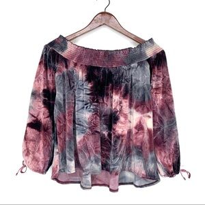 American Eagle Crushed Velvet Tie Dye Off The Shoulder Peasant Top Dark Hues